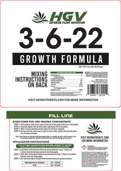 HGV Nutrients Growth Formula 3-6-22, 1 Gallon Jug