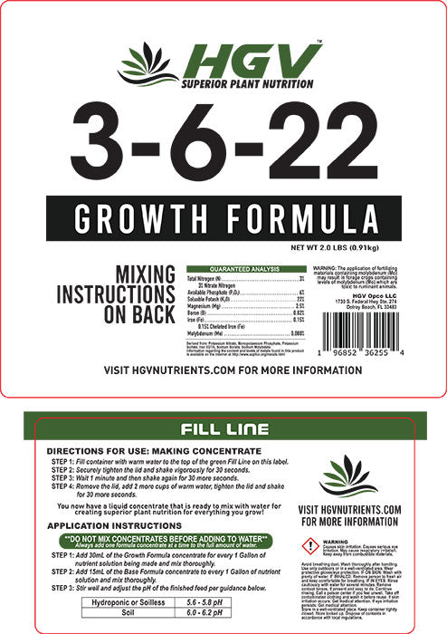 HGV Nutrients Growth Formula 3-6-22, 2.5 Gallon Jug