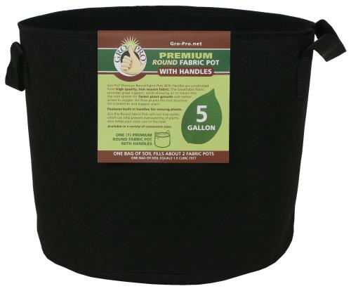 Gro Pro Premium Round Fabric Pot with Handles, 5 Gallon - Black