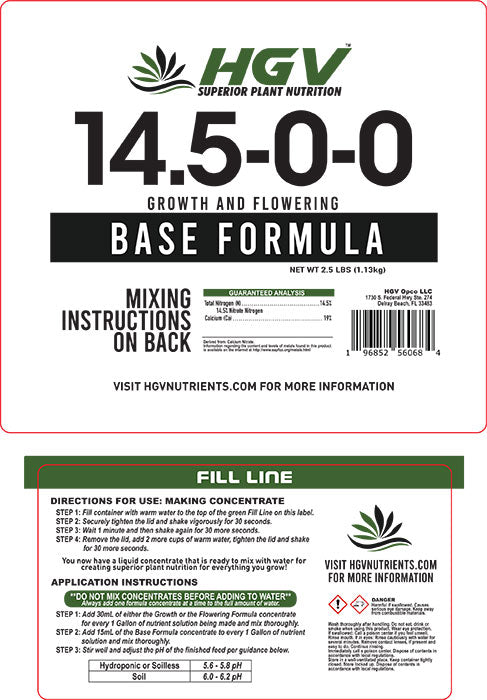 HGV Nutrients Growth and Flowering Base Formula 14.5-0-0, 2.5 Gallon Jug