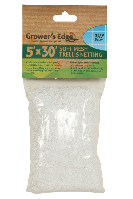 Grower's Edge Soft Mesh Trellis Netting 5 ft x 30 ft with 3.5 in Squares - White